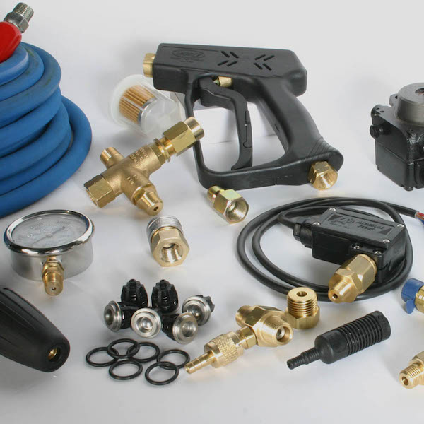 Assortment of commercial pressure washer accessories — trigger guns, brass fittings, quick connects, O-rings, pressure gauge, hoses and nozzles available at Enzo's Cleaning Systems in Ohio