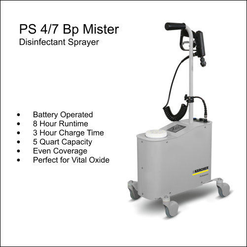 Kärcher PS 4/7 Bp Mister Disinfectant Sprayer Kärcher PS 4/7 Bp battery-operated mister disinfectant sprayer — 8 hour runtime, 5 quart capacity, even coverage, perfect for Vital Oxide application