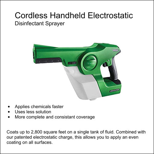 Victory Cordless Handheld Electrostatic Sprayer Victory cordless handheld electrostatic disinfectant sprayer — covers up to 2,800 sq ft per tank, applies chemicals faster with even coating on all surfaces