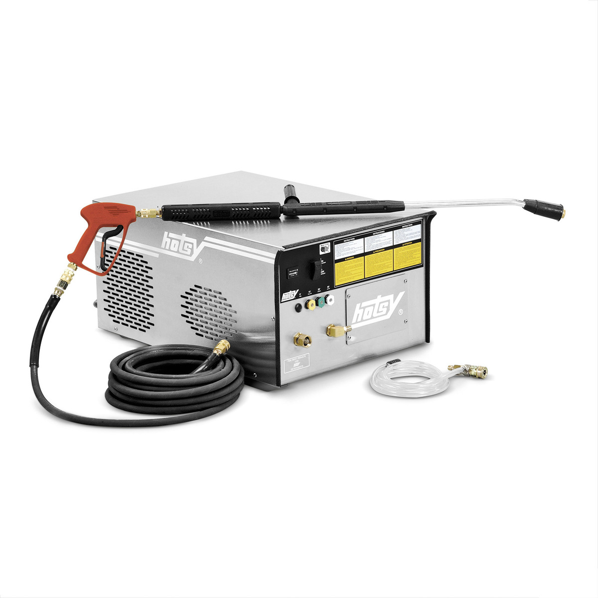 Hotsy electric cold water pressure washer — quiet, fume-free stainless steel wall-mount unit for indoor commercial cleaning at Enzo's Cleaning Systems in Ohio