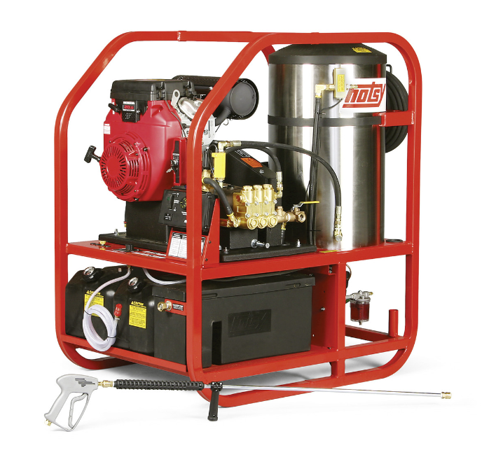 Hotsy gasoline pump, fuel oil heat hot water pressure washer — portable skid-mounted commercial unit available at Enzo's Cleaning Systems in Ohio