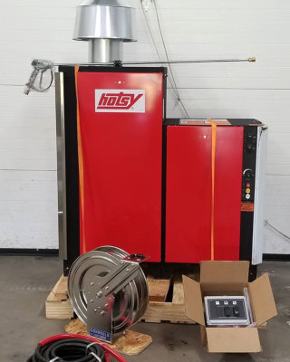 Hotsy natural gas hot water pressure washer — vertical coil stationary unit at Enzo's Cleaning Systems in Ohio