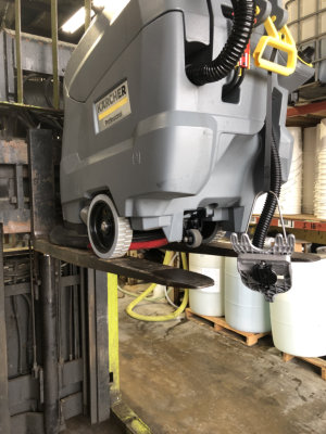 Kärcher commercial floor scrubber being serviced by a factory-trained technician at Enzo's Cleaning Systems in Ohio