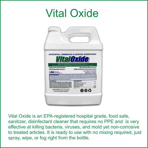 Vital Oxide EPA-registered hospital-grade disinfectant and sanitizer — food-safe, no-PPE cleaner for bacteria, viruses and mold, available from Enzo's Cleaning Solutions in Ohio